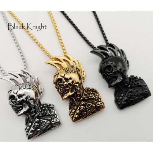 Black Knight Hip Hop rock punk skull pendant necklace mens cool Gold color stainless steel punk skull necklace fashion BLKN0736