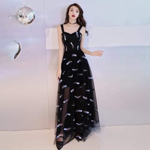 Special Occasion Dress Illusion V-Neck Sleeveless Luxury Black Tulle Lace Spaghetti Strap Backless Vintage Women Prom Gown E1053
