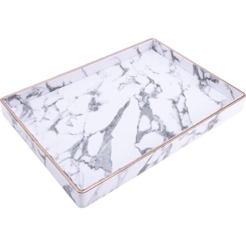 Gold Rim Serving Tray Marble PU Leather Tea Cup Sets Tray Kitchen Storage Box Fruit Food Cup Holder Tray Home Decoration