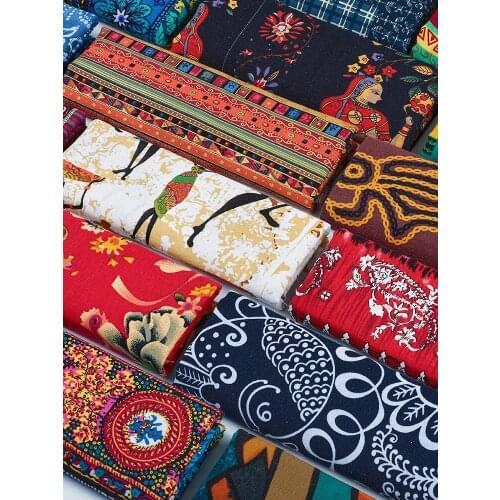 Width 57'' Nation Style Retro Printed Cotton Linen Fabric By The Half Yard For Dress Tablecloth Curtain Material