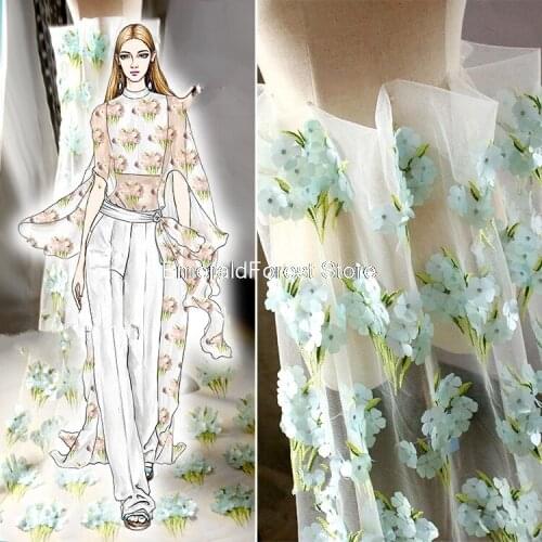 Aquatic designer fabric three-dimensional flower embroidery bud silk yarn embroidered wedding dress fabric 45cm*140cm