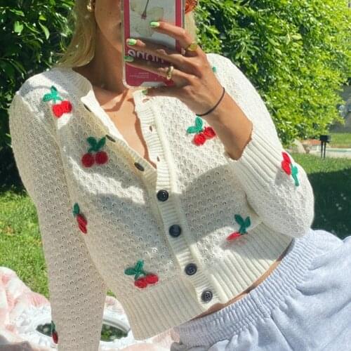 Cherry Print Crop Cardigan Casual Fashion Long Sleeve Vintage Cardigans Autumn Knit Streetwear 2021 Button O Neck Women Cardigan
