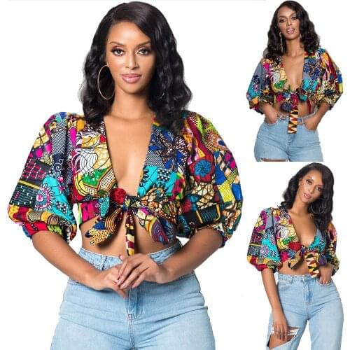 Floral Print Blouse Women Deep V Neck Bandage Bow Tie Streetwear Party Half Lantern Sleeve Vest Tops Shirt Blouse Crop Tops