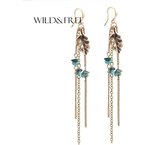 WILD & FREE 2017 Vintage Boho Chic Jewelry Retro Gold Colors Leaf Drop Earrings With Natural Stone For Women Bijoux