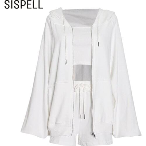 SISPELL Casual There Piece Sets For Female Long Sleeve Coat With Hat Corpped Vest With High Waist Shorts Womens Suits Fashion