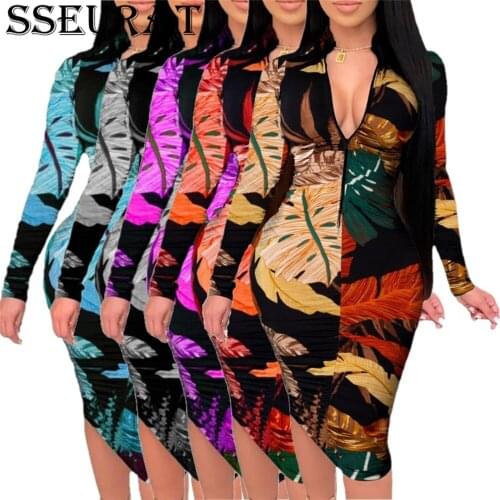 SSEURAT Plus Size Clothing for Women Dresses S-5XL Long Sleeve Vintage Dress Elegant High Waist Bodycon Dress