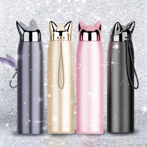 320ml/11oz Double-layer Stainless Steel Thermos Flask Cute Fox Ear Thermos Bottle Outdoor Travel Thermos Mug Coffee Tea Milk Cup