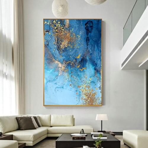 Abstract Golden Blue Seascape Canvas Painting Color Spalsh Big Print and Poster Unique Nordic Decor Living Room Wall Art Picture