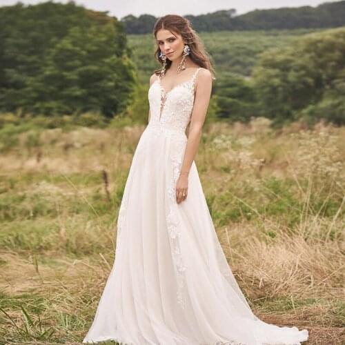 Bohemian Beach Boho Wedding Dresses Spaghetti Straps A Line Lace Tulle France Bridal Gowns Free Shipping 2021 On Sale