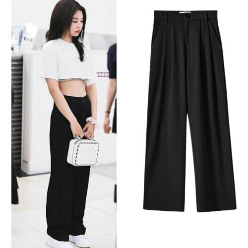 Kpop Korean Celebrity black casual High-waisted straight pants women summer new Streetwear fashion loose Solid wide-leg trousers
