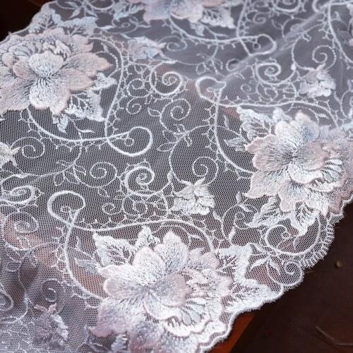 1 Meter 20.5 cm Width Pink Flower Embroidered Lace Trims White Mesh Costume Decorative Lace Applique Trimmings Lace Fabric Craft