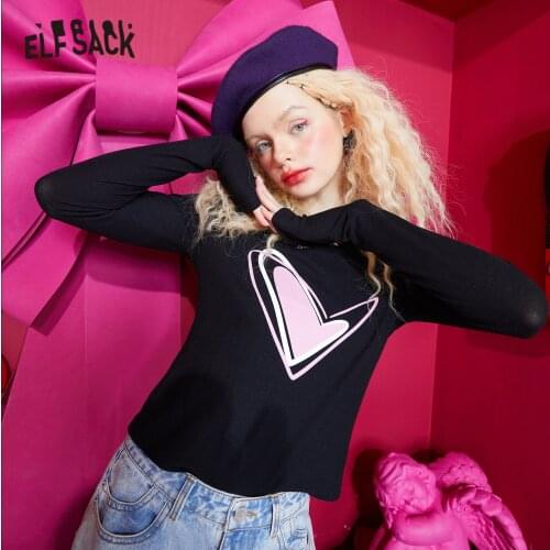 ELFSACK Harajuku Graphic Print Casual Slim T-Shirts Women,2021 Spring Vintage Full Sleeve Korean Ladies,Basic Daily Bright Tops