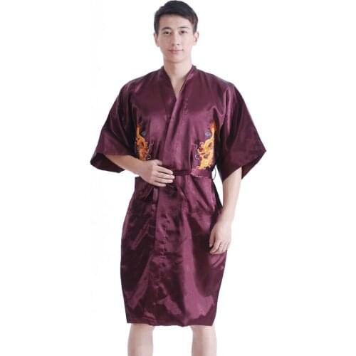 Chinese Mens Satin Silk Robe Embroidery Kimono Bath Gown Dragon Pajamas Male Long Homeware Sleepwear Bathrobe Nightwear 17