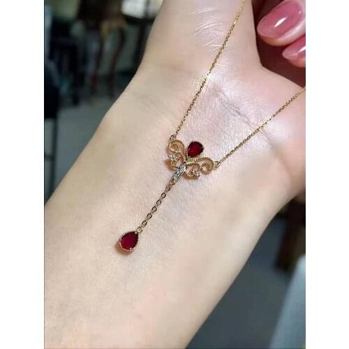 14k Gold Ruby natural diamond set womens Pendant Necklace elegant Christmas birthday party anniversary jewelry gift