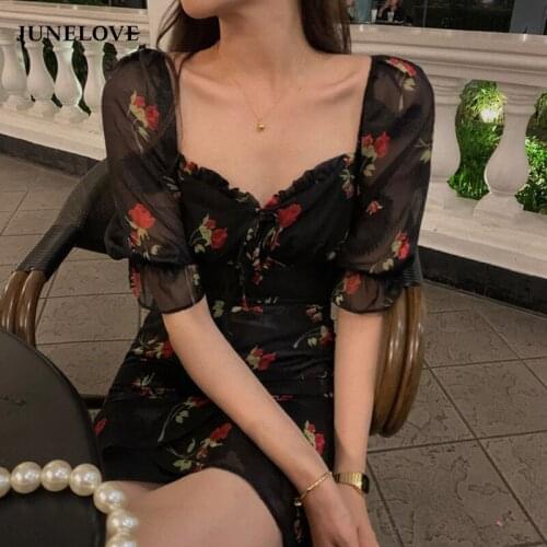 JuneLove French Green Floral Dress Women Sexy V-Neck Chiffon Korean Elegant Sweet Dress Casual Backless Party Mini Dress Summer