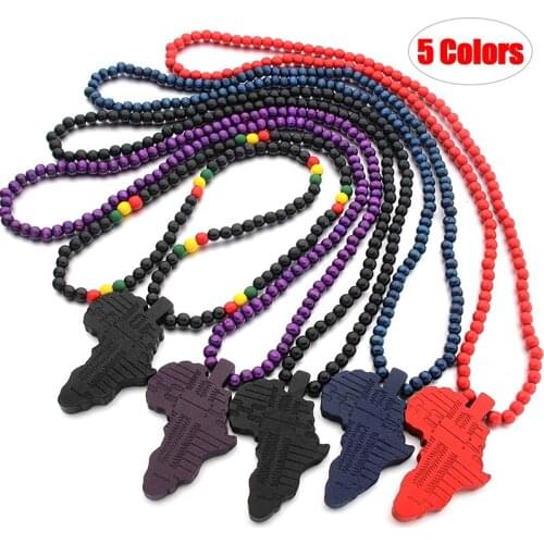 Africa Map Wood Necklace Hip Hop HIPA Pendant Jewelry Multicolor