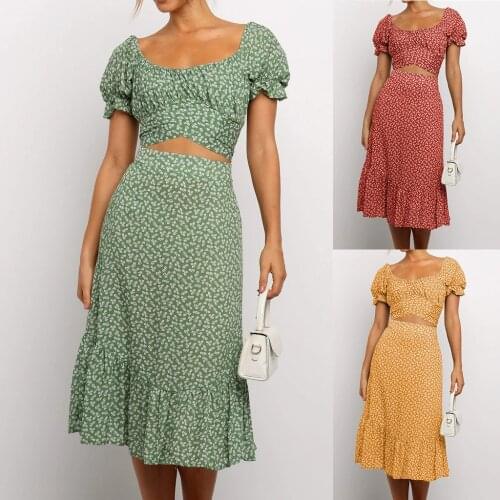 Women Sets Fashion Summer Floral Print Square Collar Short Sleeve Crop Tops + Skirt Set survetement femme ensemble 2 pieces 00