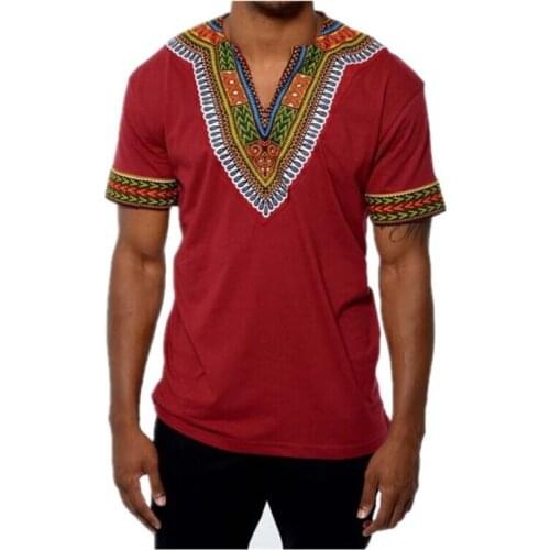 Red V Neck African Dashiki Dress T Shirt Men Fad Brand New Short Sleeve African Clothes Streetwear Casual Tee Shirt Homme XXL