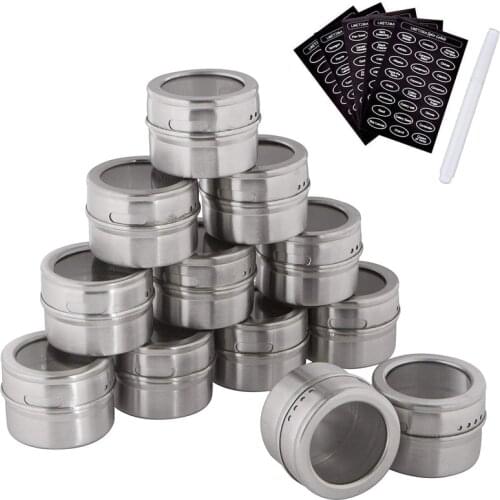 LMETJMA Magnetic Spice Jars Set With Spice Labels and Chalkboard Pen Stainless Steel Seasoning Pepper Spice Storage Jars Tins