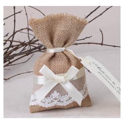 Wholesale 50pcs/lot Mini Natural Hessian Burlap Bags White Lace Burlap Bag Candy Gift Bags with free shipping 4'' x 6