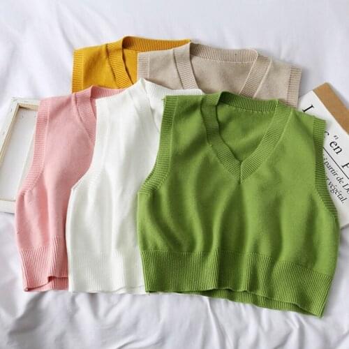 Autumn Sleeveless Sweater Women Sweet Solid Color V Neck Knitted Loose Sleeveless Slim Vest Jumpers Pull Femme