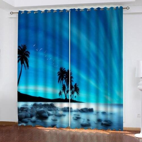 Custom Beautiful Photo Fashion Customized 3D Curtains blue beach tree curtains Decoration curtains