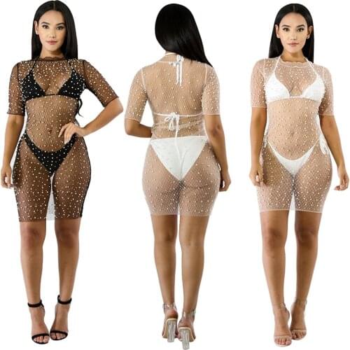 Sexy See-through Mesh Net Dress With Bubble Bead Beach Nightclub Perspective Clothes Short Sleeve Sheer Dress Swimwear Clubwear