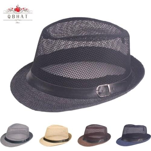 QBHAT Summer Unisex Paper Straw Jazz Hat Short Brim Mesh Fedora Hat with Belt Buckle Party Beach Cap Sunhat for Men Women