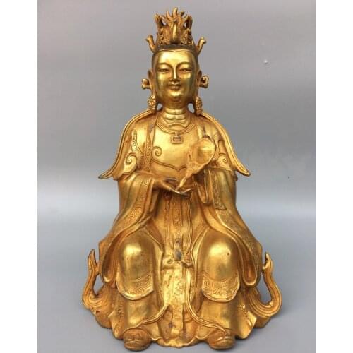 11" Tibet Buddhism Temple Old Bronze Gilt Queen Mother Buddha Statue Longevity goddess Amitabha Enshrine the Buddha