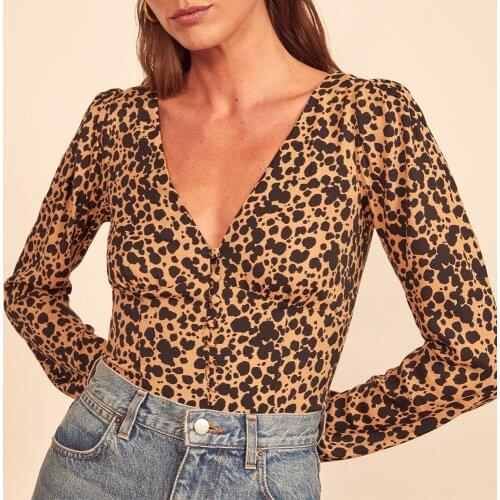 Tops Women 2021 Long Sleeve Button Up Shirt Sexy Deep V Neck Leopard Print Top Blouse Women Fashion Slim Fitted Blouses Shirts