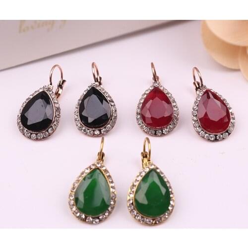 Turkish Earrings Jewelry Simple Waterdrop Vintage Gold Black Green Red Small Clips Ears Dangle Piercing Earrings For Women 2018