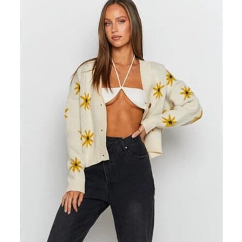 Knitted Crop Cardigan Women Long Sleeve Knitwear Ladies Dropped Shoulder Single-breasted Floral Coat Vintage Cardigan Sweater