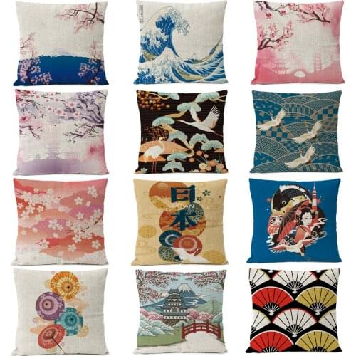 Japanese Ukiyo-e Pillow Cover Fuji Mountain Cherry Blossom Wave Cushion Cover Home Decorative Linen Pillow Case Cojines Almofada