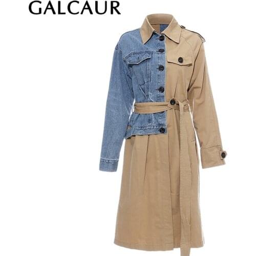 GALCAUR Patchwork Hit Color Denim Windbreaker For Women Lapel Long Sleeve With Sashes Casual Coats Female 2020 Autumn New Style