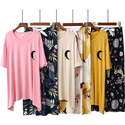 Womens Summer Two-piece Home Suit for Spring and Autumn Short-Sleeved Viscose Cotton Pants Pajamas Women loose Pyjamas Pijama