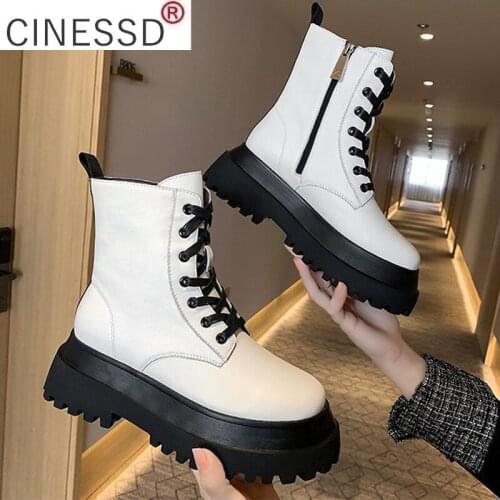 2021 White Color Soft PU Leather Ankle Boots Women Platform Motorcycle Booties Female Autumn Winter Shoes Woman Goth Short Boots