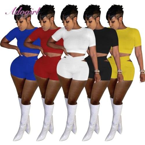 Women Summer Suit Activewear Two Piece Set Tracksuit Solid Short Sleeve Crop Top T-Shirt Bikers Shorts Suit Outfit Matching Set
