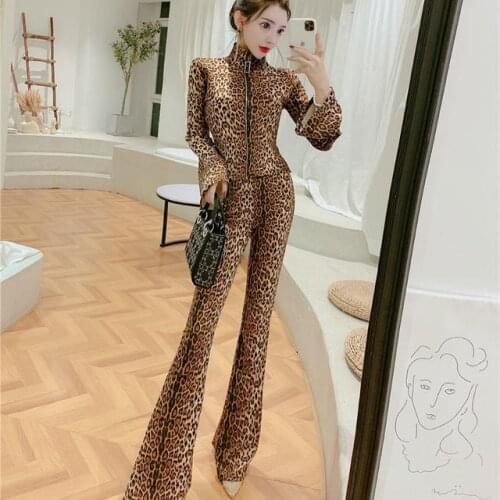 Women 2021 Spring Autumn Tracksuit Female Casual Slim Two-piece Sets Ladies Zipper Jacket Tops +pants Fashion Leopard Suits A555