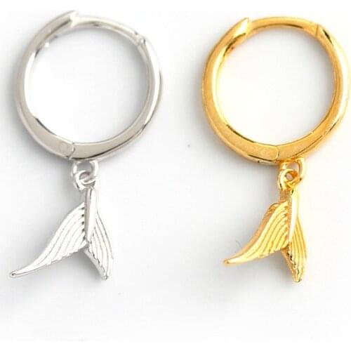 1PAIR 18K Gold 100% Authentic 925 Sterling silver White /Gold mermaid Tail Hoop Huggie earrings FINE jEWELRY CE204