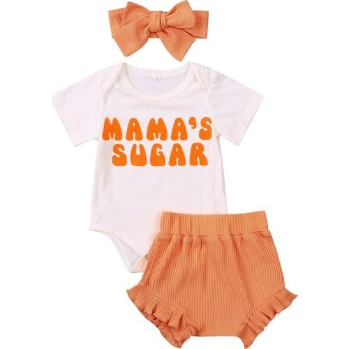 2021 0-18M Sweet Baby Girl Clothes MAMA SUGAR Print Short Sleeve Romper Top+Ruffle Shorts+Headband Summer Outfits 3pcs Set