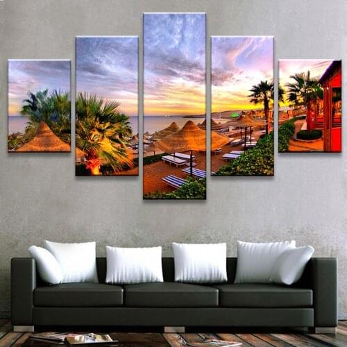 5 Pieces Wall Art Canvas Painting Red Sunset Vacation Beach Seascape Poster Modern Home Decoration For Living Room Framework