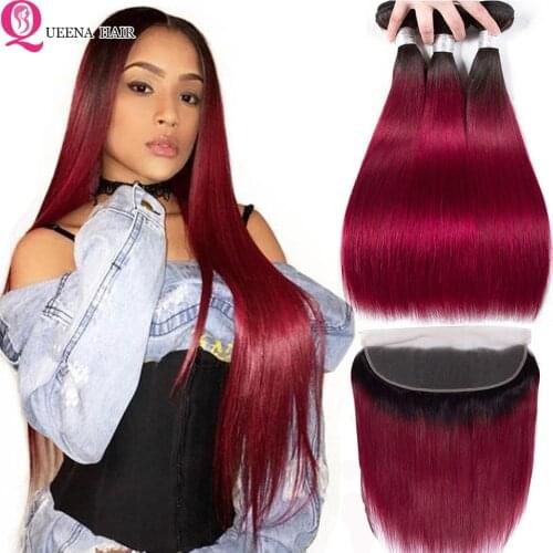 Burgundy Bundles With Frontal Closure Peruvian Human Hair Bundles With Closure Colored Red Burgundy Ombre 2 Bundles With Frontal