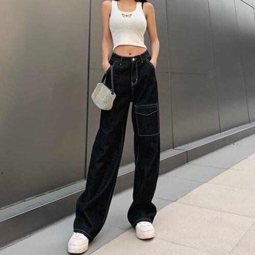 Chic Cargo Jeans Solid Color Trendy Mid Waist Relaxed Fit Denim Pants Female Wild Casual Straight Trousers with Flap Pocket