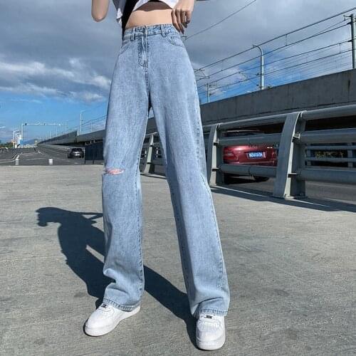 Women Casual Jeans High Waist Wide Leg Denim Trousers Blue Loose Hole Streetwear 2021 Summer Vintage Denim Wide Leg Pants Lady