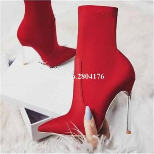 Brand Design Women Fashion Pointed Toe Suede Leather Stiletto Thin Heel Short Boots Red Yellow Pink High Heel Ankle Booties