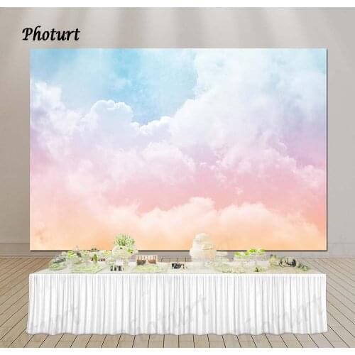 PHOTURT Sky Clouds Backdrop Kids Birthday Wedding Banner Pink White Photo Background Polyester Vinyl Studios Props