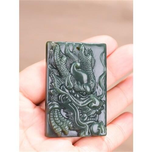 Natural Hetian Jade Chinese Dragon Necklace Pendant Hand Carved Square Cyan Jewelry Necklace Lucky Amulet Pendant Men Gift