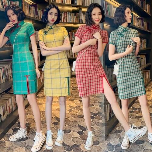 Checkered Cheongsam 2020 Spring And Summer New Literary Girl Student Cotton And Linen Short Dress Daily Female Slim Qipao Платье