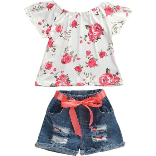 1-6Y Summer Baby Girls Clothes Sets 2pcs Flowers Print Ruffles Short Sleeve T Shirts Tops+Denim Shorts