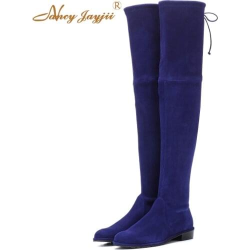 Lowland Skimmer Suede Over-the-Knee Women Boots Winter/Spring Black&Blue Fringle Flat Med Heels High Boots Shoes Nancyjayjii